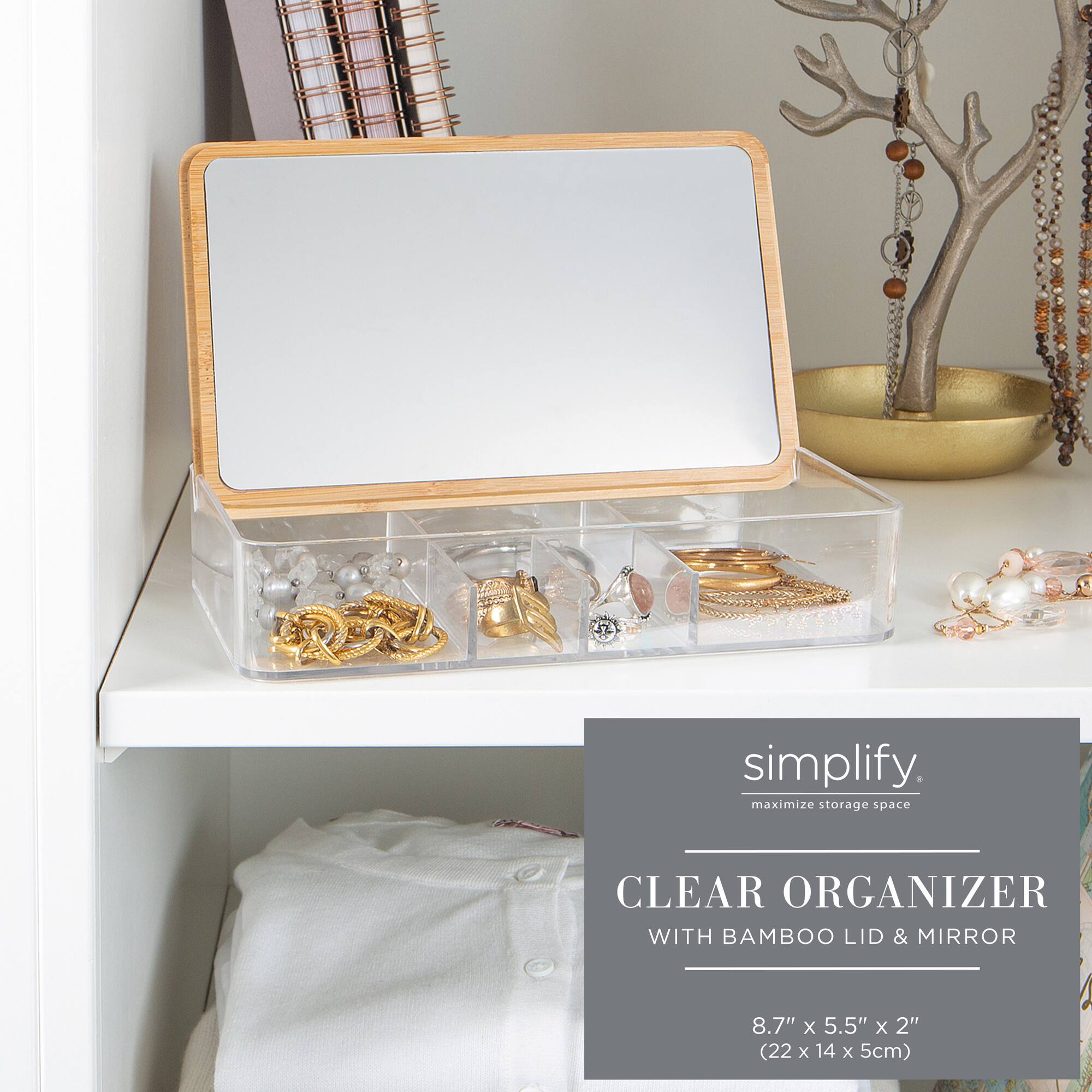 Simplify Bamboo Lid & Mirror Clear 5 Compartment Organizer